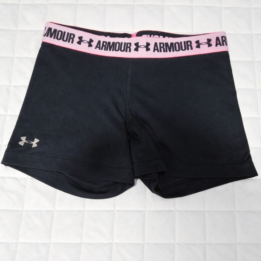Under Armour Women's Black Spandex Shorts with Pink Waistband